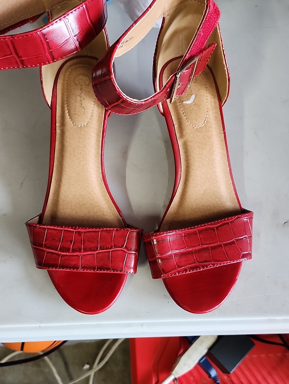 Red Croc-Embossed Ankle-Strap Sandals for Women